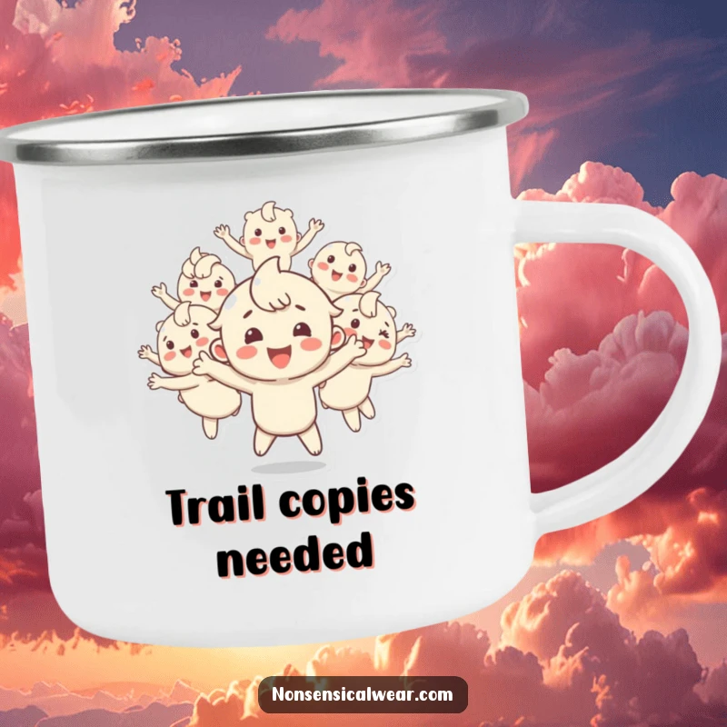 Funny camping mug with a happy character creating multiple bouncing copies, perfect for outdoor adventures and enjoying beverages with multiplied fun.