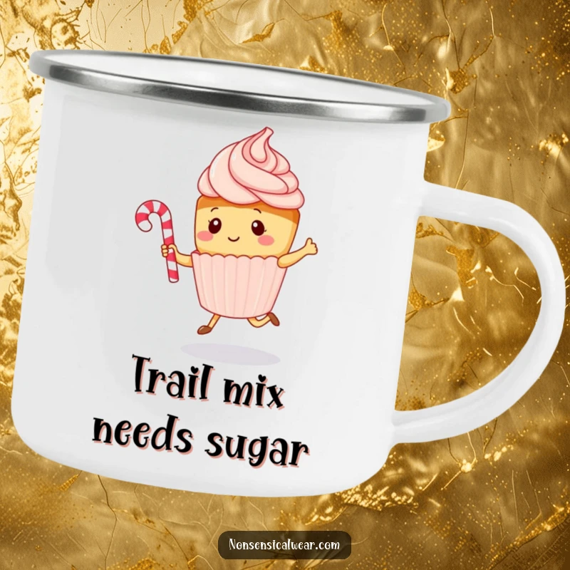 Funny kawaii cupcake character joyfully jumping rope with a candy cane on an enamel camping mug, a humorous outdoor companion.