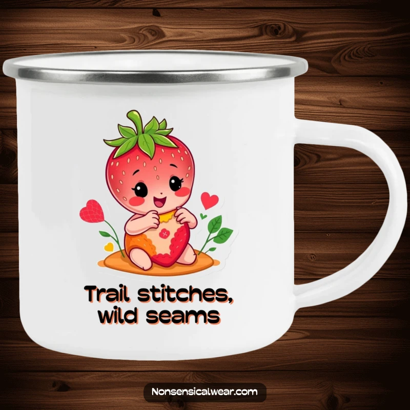 Funny camping mug showcasing a happy strawberry character stitching a colorful patch, perfect for outdoor enthusiast crafters.