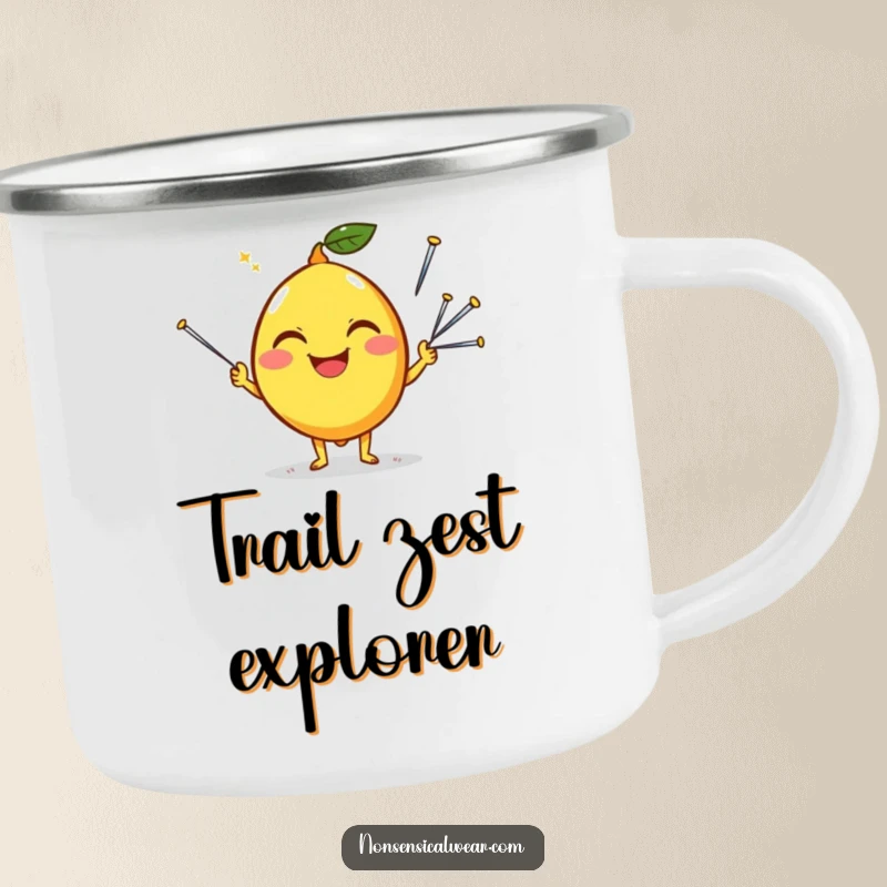 Funny camping mug showing a happy lemon character juggling sewing needles, ready for outdoor fun and sharp conversation.