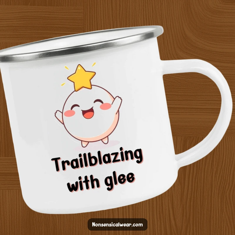 Funny Camping Mug: A cheerful, round character joyfully bouncing a radiant star off its head, perfect for outdoor escapades.