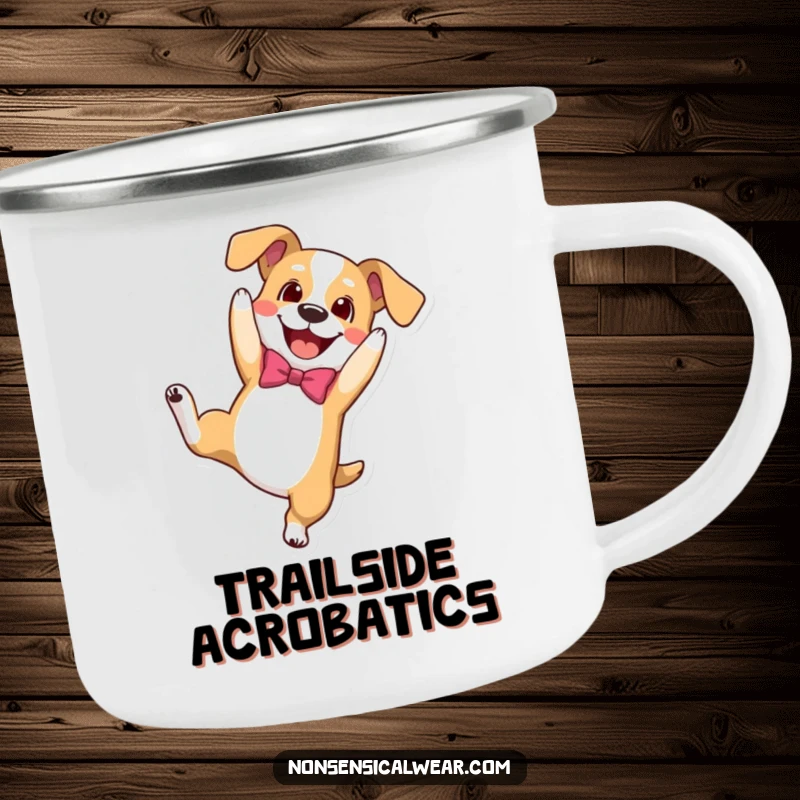 Funny camping mug with a happy dog in a bowtie doing a playful somersault, perfect for energetic outdoor moments.