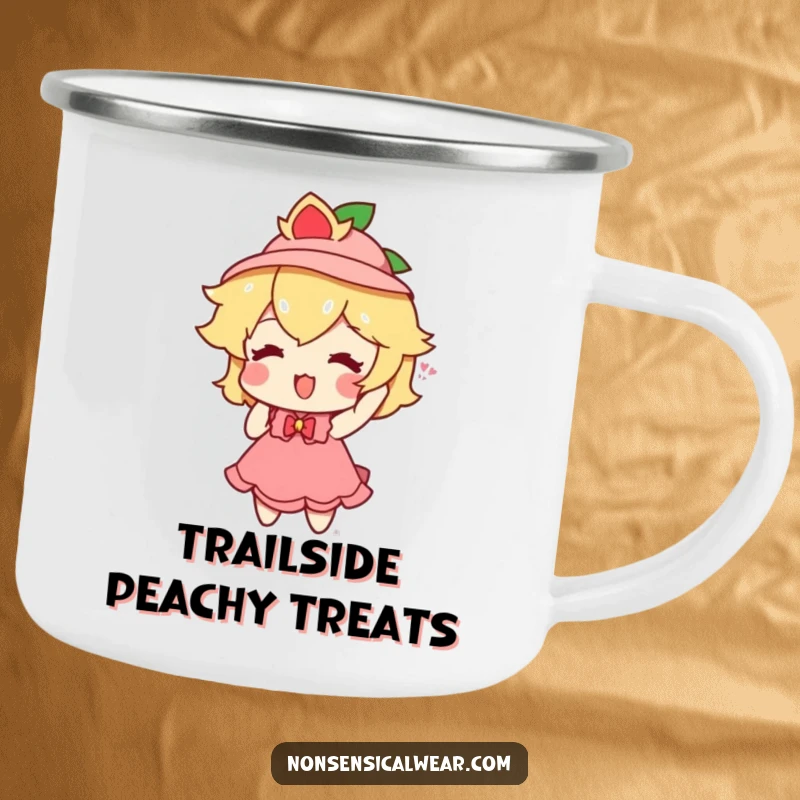 Funny peach character trying on a small hat on a durable camping mug, perfect for outdoor hydration and humor.