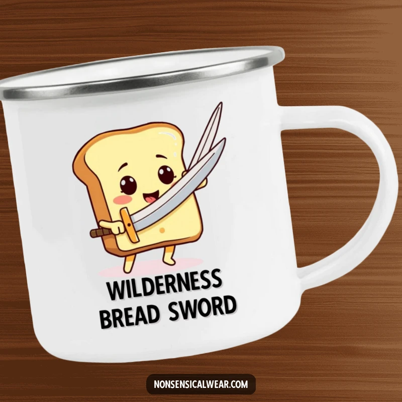 Funny toast character wielding a giant needle like a sword on a durable camping mug, perfect for heroic outdoor drinks.