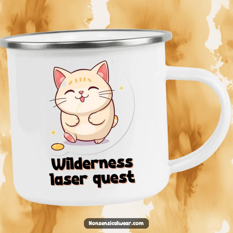 Funny enamel camping mug showing a round cat chasing a red laser pointer dot, ready for outdoor amusement.