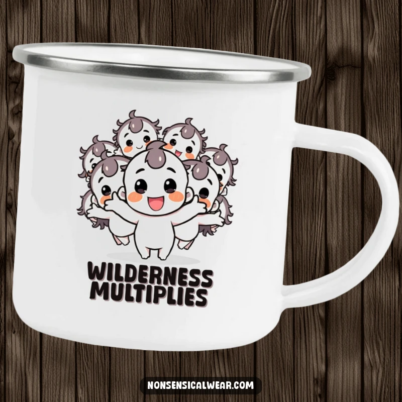 Funny camping mug with a happy character creating multiple bouncing copies, perfect for adventurers who bring extra cheer.
