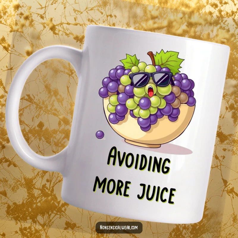 Funny grapes mug with startled grapes wearing sunglasses attempting to escape a large fruit bowl, looking mischievous.