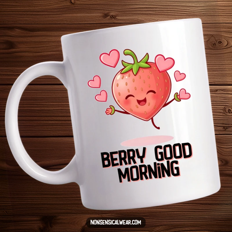 Funny cheerful strawberry character joyfully juggling hearts, a loving and humorous mug design for a sweet start.