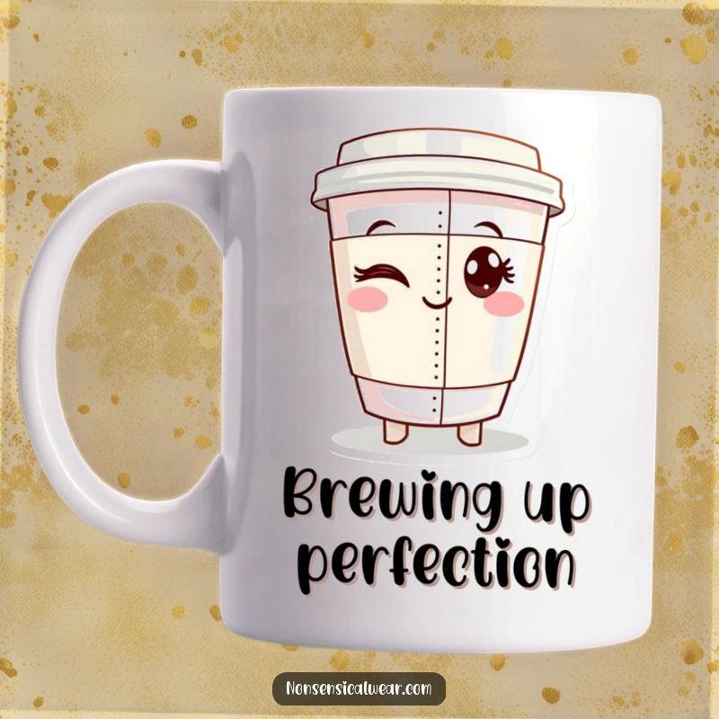 Funny mug with a winking coffee cup character proudly displaying a perfectly sewn seam, celebrating sewing excellence.