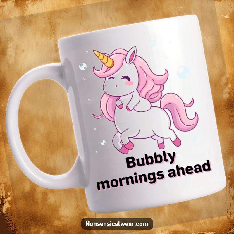 Funny mug showing a giggling character blissfully riding a unicorn constructed entirely of shimmering, iridescent bubbles, embodying pure fantasy and joy.