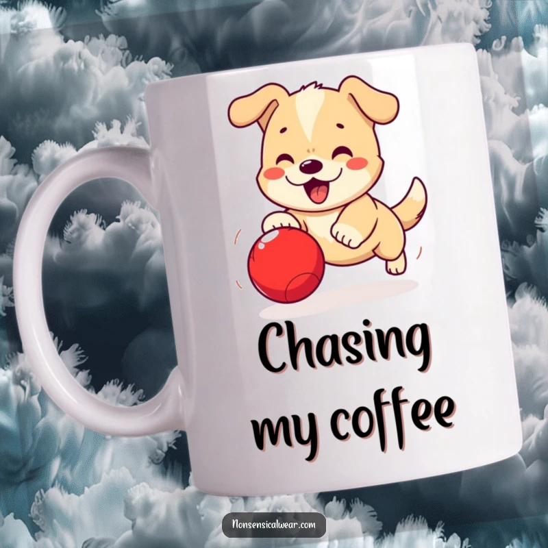 Funny Kawaii Dog Mug: A cute dog excitedly chases a bouncing red ball, showcasing pure joy and playful energy.