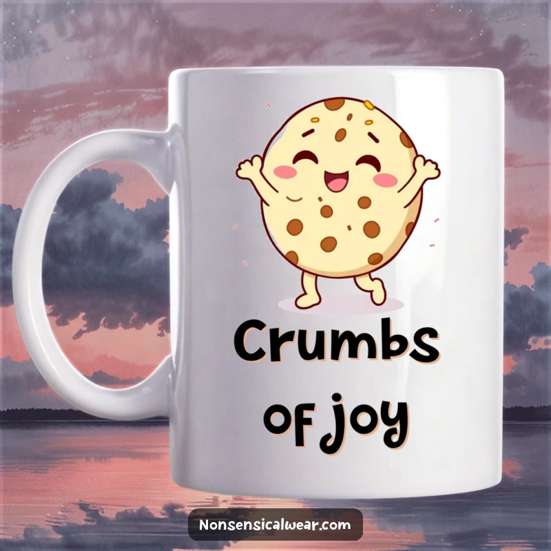 Funny delighted cookie character doing a happy dance surrounded by sprinkles on a ceramic mug, a joyful and humorous gift.