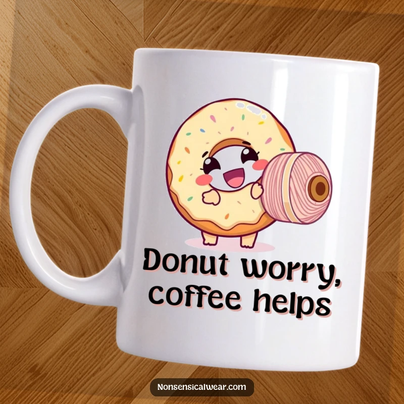 Funny mug with a giggling donut character comically attempting to wind a huge spool of thread, creating a humorous crafting scene.