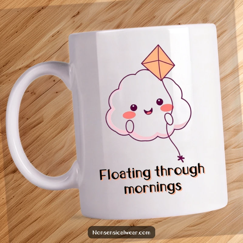 Funny mug showing a smiling, fluffy cloud character happily floating in the sky while holding onto a colorful kite string.