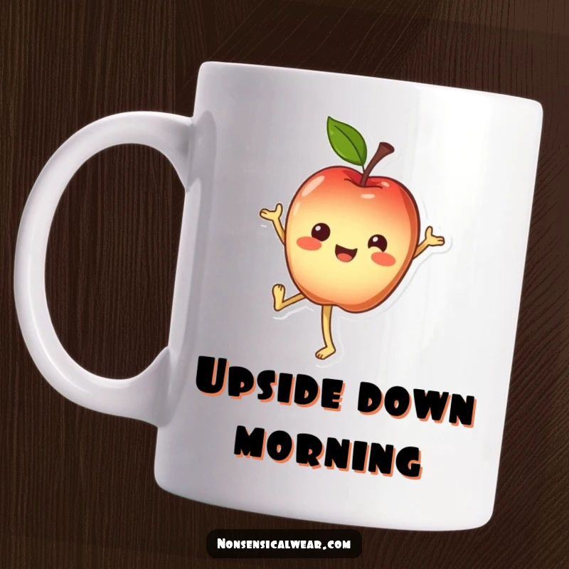 Funny Mug: Cheerful apple character doing a handstand with a smile, showcasing balance and joy.
