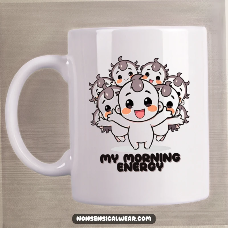 Funny mug depicting a joyful character splitting into numerous happy, bouncing duplicates, radiating infectious energy and fun.