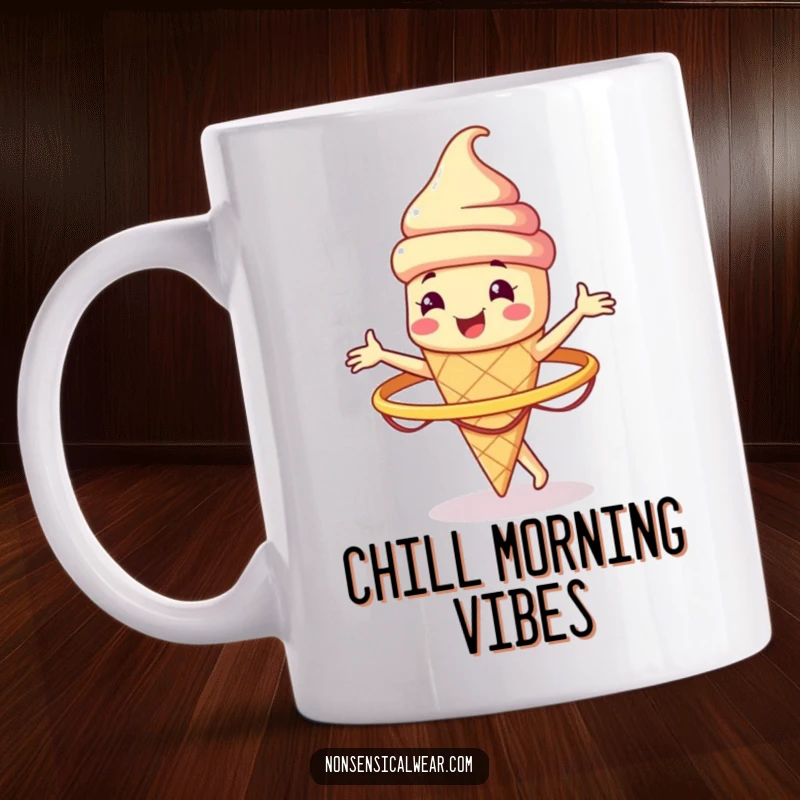 Funny smiling ice cream cone character energetically spinning a hula hoop on a ceramic mug, a cool and humorous gift.