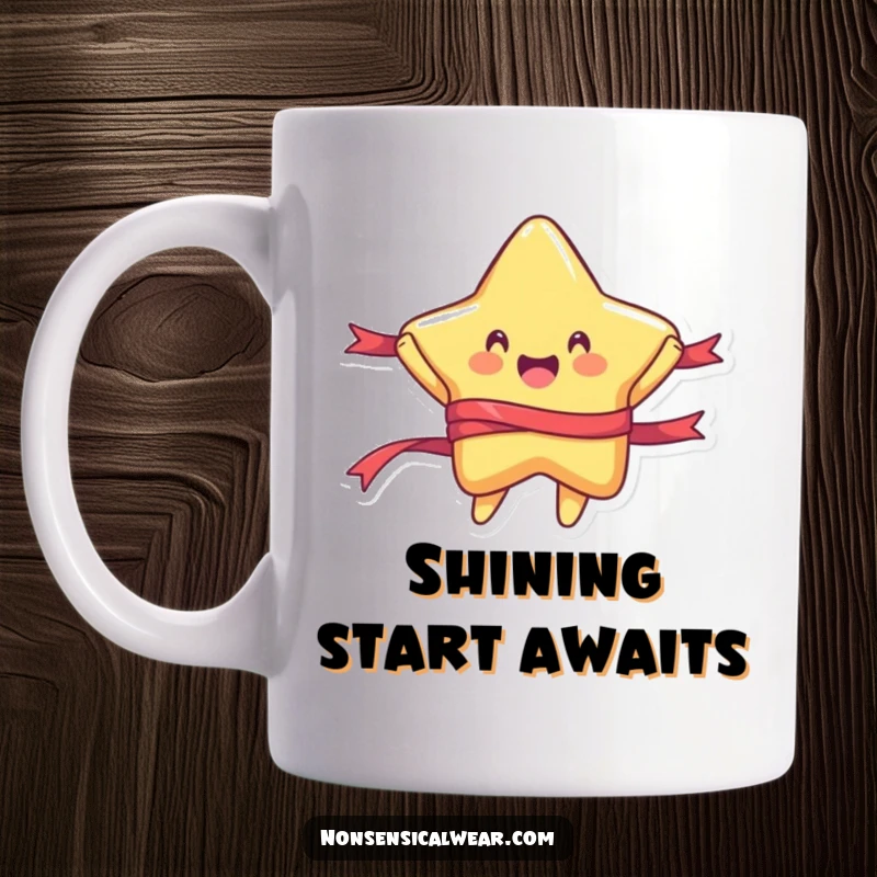 Funny mug showing a rounded star character joyfully jumping and twirling with a flowing ribbon, radiating happiness.