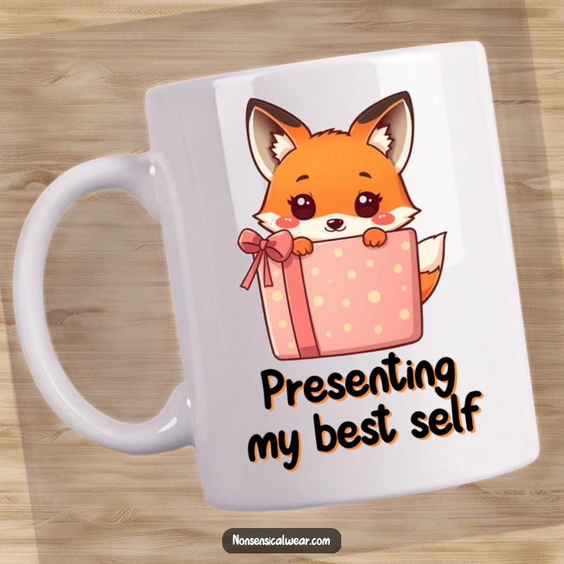 Funny kawaii fox peeking out from behind a giant, vibrant gift box, looking mischievous on this mug, perfect for gifting.