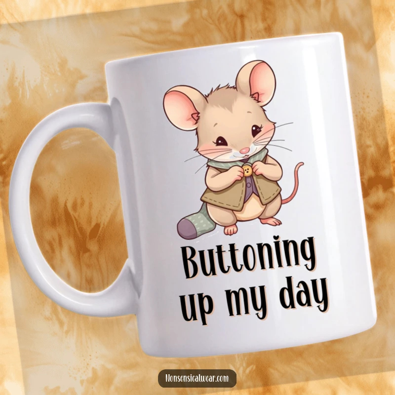 Funny Mouse Mug: A curious mouse wearing a vest diligently sews a button onto a small sock, showcasing skill.