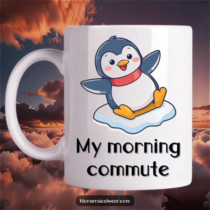 Funny mug featuring a happy penguin character joyfully sliding down a snowy icy slope with a big smile.