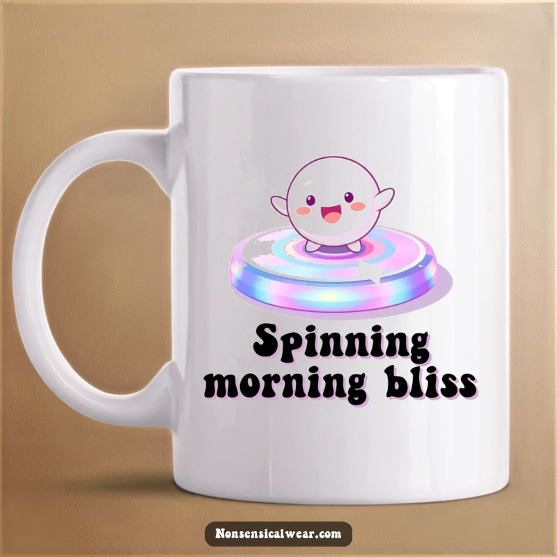 Funny Mug: A playful, spherical character gleefully spinning on a vibrant, iridescent platform, full of motion.