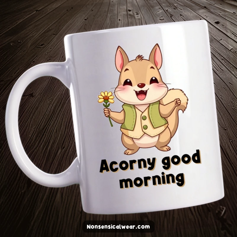 Funny squirrel wearing a vest presents a tiny flower with a look of delight, embodying charming humor.