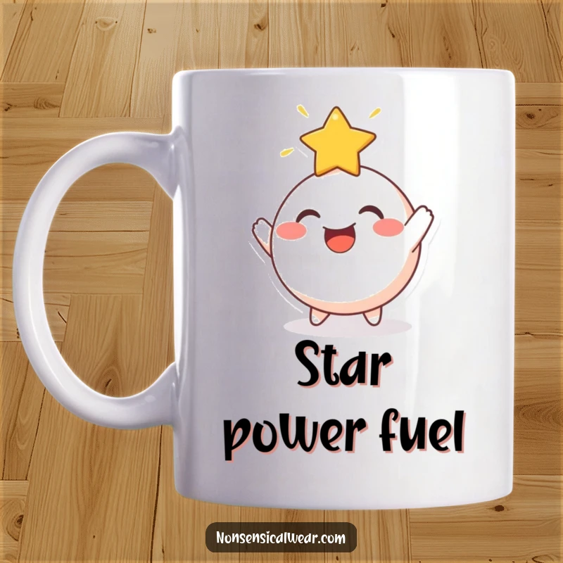 Funny Mug: A cheerful, round character joyfully bouncing a radiant star off its head, radiating positive energy.