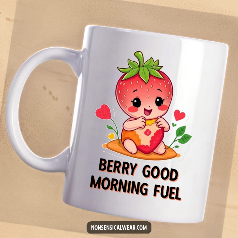 Funny mug featuring a happy strawberry character with a needle and thread, cheerfully stitching a colorful patch, bringing joy to crafters.