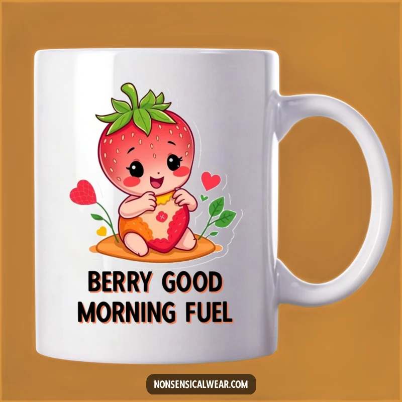 Funny Strawberry Stitcher Mug: Adorable Character Sewing a Colorful Patch, Perfect Gift for Crafters