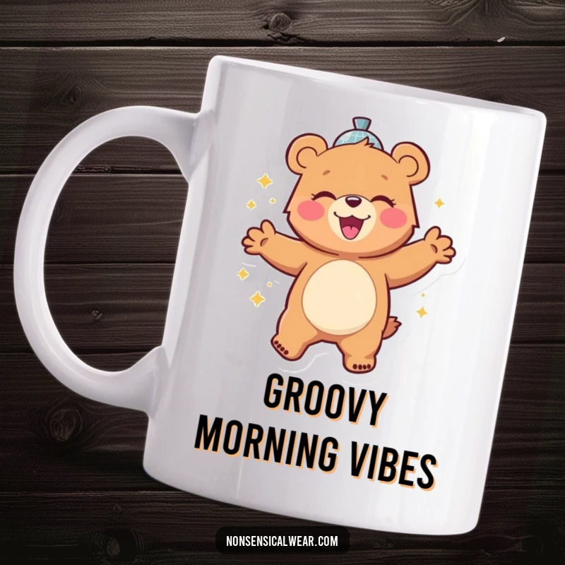 Funny mug showing a cheerful bear character gleefully dancing with a shimmering disco ball, radiating pure party energy.