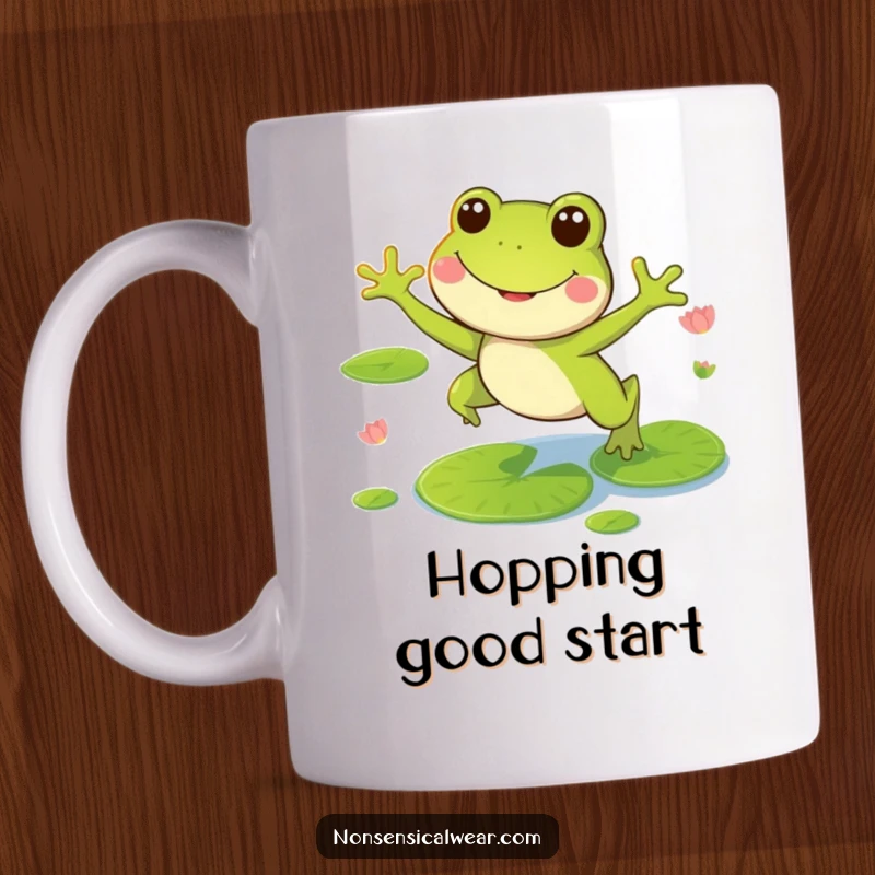 Funny mug featuring a smiling frog character joyfully leaping between green lily pads in a pond setting.