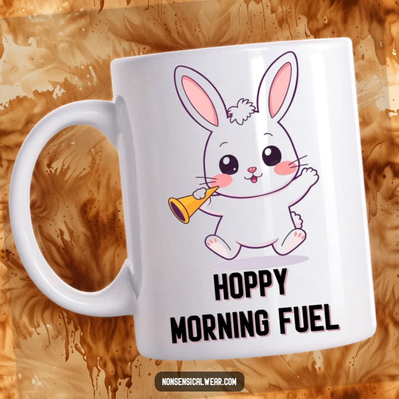 Funny Kawaii Bunny Mug: A cute bunny bounces with wide eyes, happily holding a party horn, ready to celebrate.
