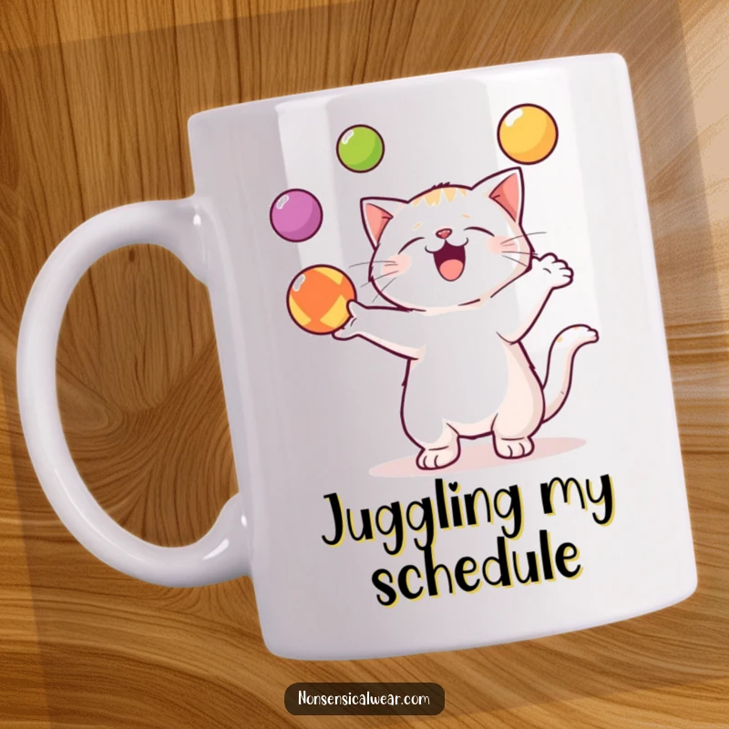 Funny Kawaii Cat Mug: A cute cat enthusiastically juggles three colorful balls with impressive focus and skill.
