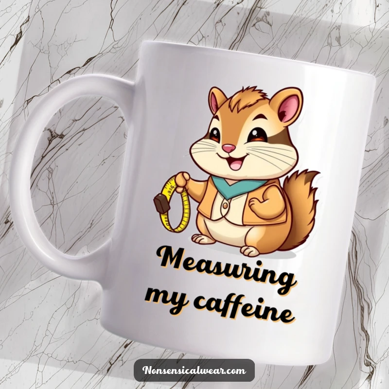 Funny Chipmunk Mug: A happy chipmunk wearing a vest holds a tiny measuring tape, ready for any project.