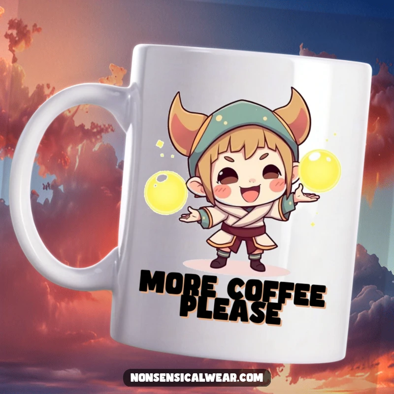 Funny mug featuring a sly character skillfully juggling three luminous orbs with a playful smirk, showcasing magical dexterity.