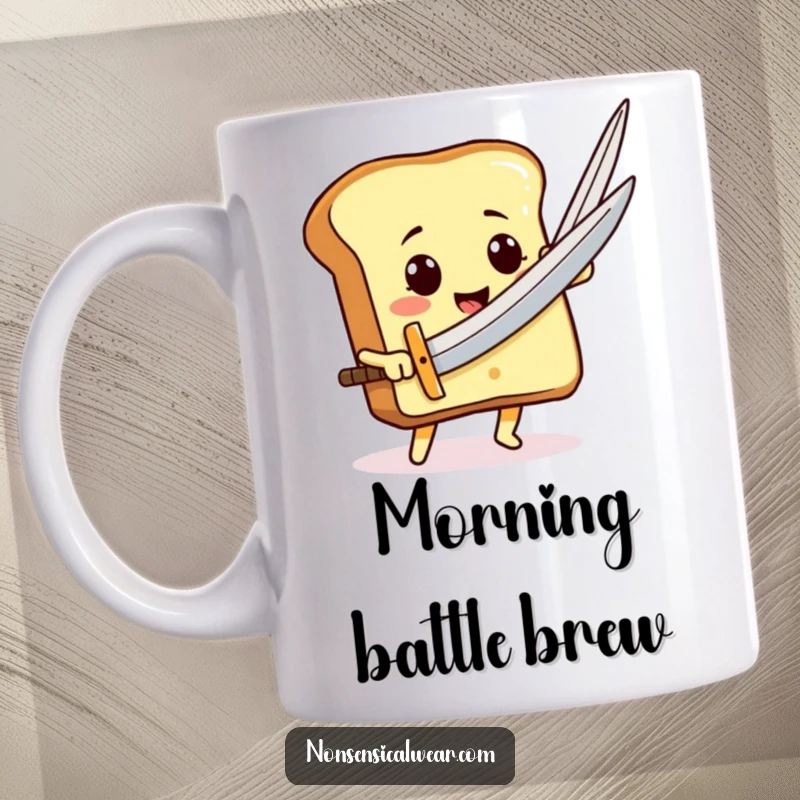 Funny toast character smiling heroically, brandishing a giant needle as a sword on a mug, ready to conquer the day.