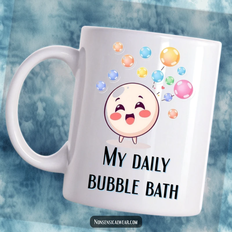 Funny Circle Mug with a delighted character playfully blowing a stream of colorful, floating bubbles, spreading joy and cheer.