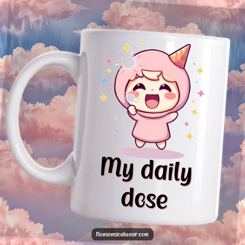 Funny mug with a joyful character gleefully launching a sparkling party popper, celebrating with infectious enthusiasm and confetti.