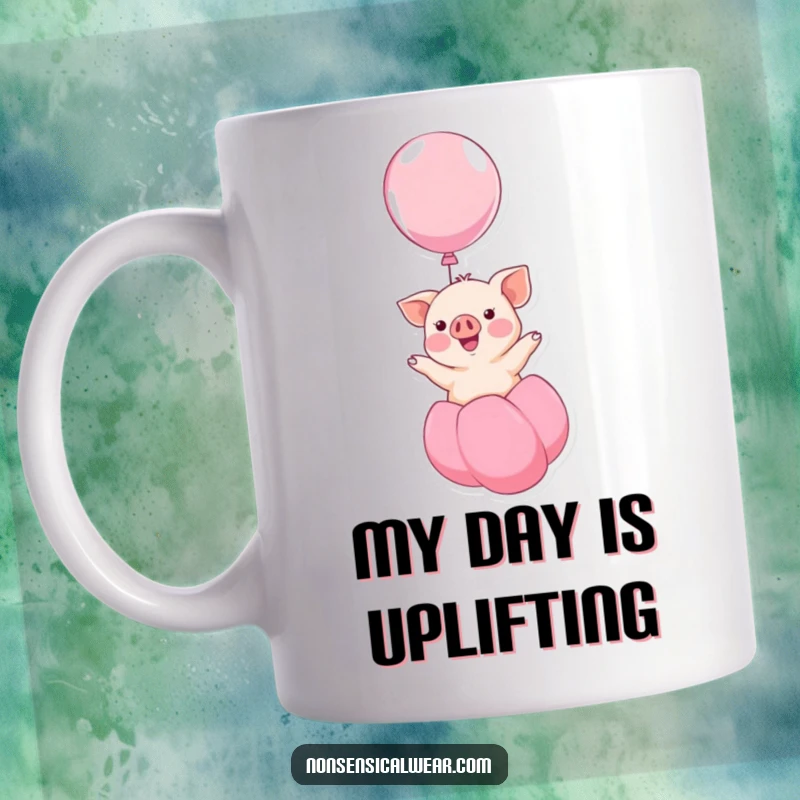 Funny kawaii piglet smiling while floating upwards on a large balloon, exuding gentle happiness on this mug, perfect for gifting.
