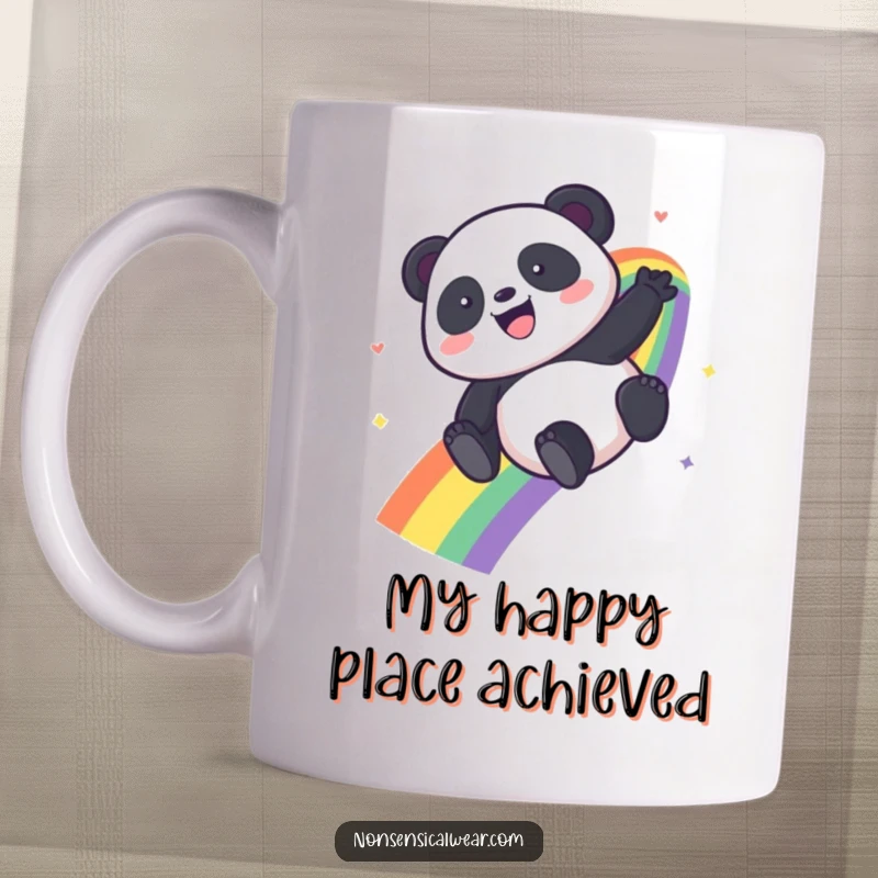 Funny Kawaii Panda mug joyfully sliding down a vibrant rainbow, radiating pure glee and happiness. Perfect for gifting.