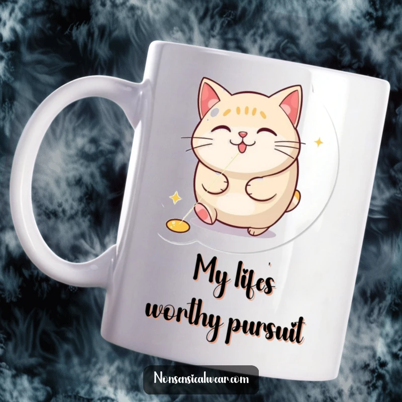 Funny ceramic mug showing a round, cartoon cat gleefully chasing a red laser pointer dot with intense focus.