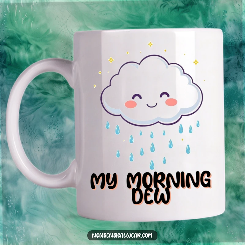 Funny mug featuring a cute, grinning cloud character showering gentle, sparkling raindrops with a bright and happy expression.