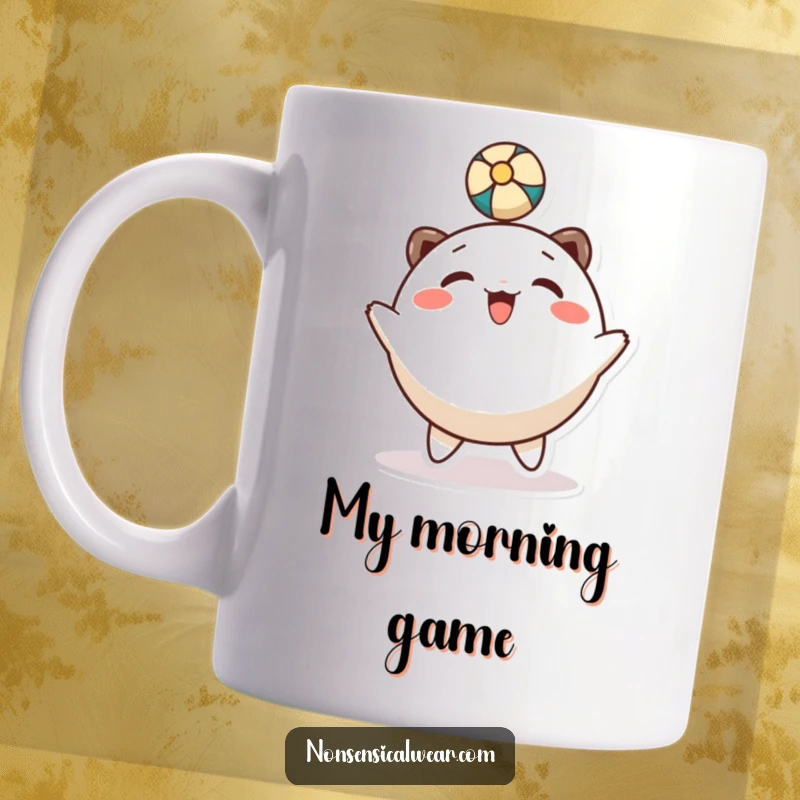 Funny mug: a round, smiling character gleefully bounces a ball using its head with great enthusiasm.