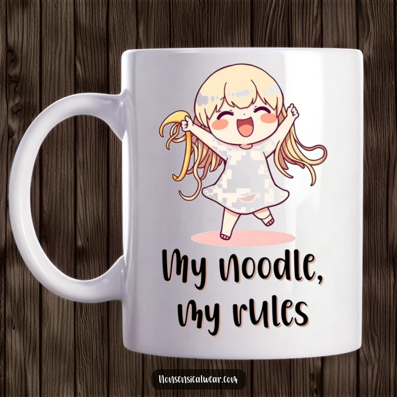 Funny mug showing a delighted character joyfully dancing with a giant, wiggling noodle, celebrating food and fun with pure bliss.