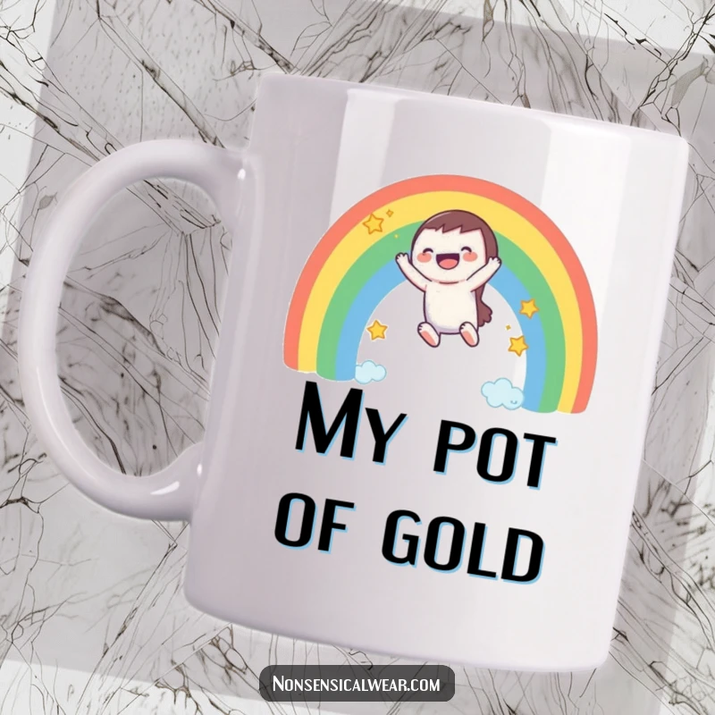 Funny mug featuring a laughing character gleefully sliding down a vibrant rainbow, leaving a trail of sparkling stars behind.