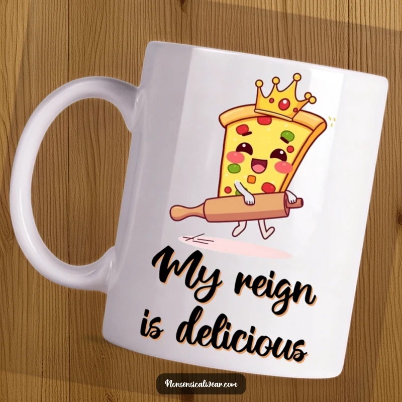 Funny pizza mug with a giggling pizza slice wearing a tiny crown, attempting to ride a runaway rolling pin.