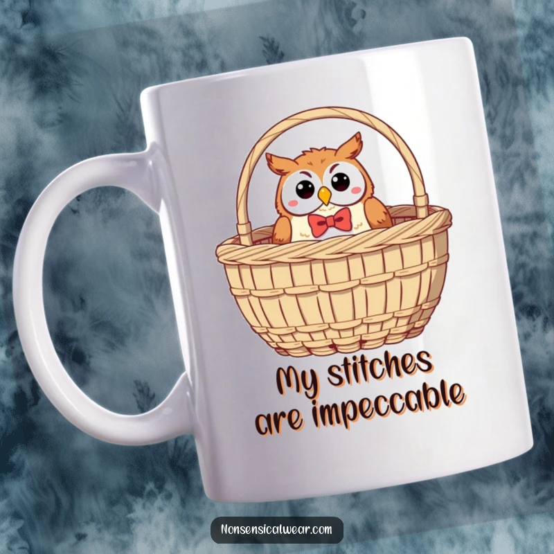 Funny Owl Mug: A jolly owl in a bow tie curiously peeks from a large sewing basket, bringing humor to your day.