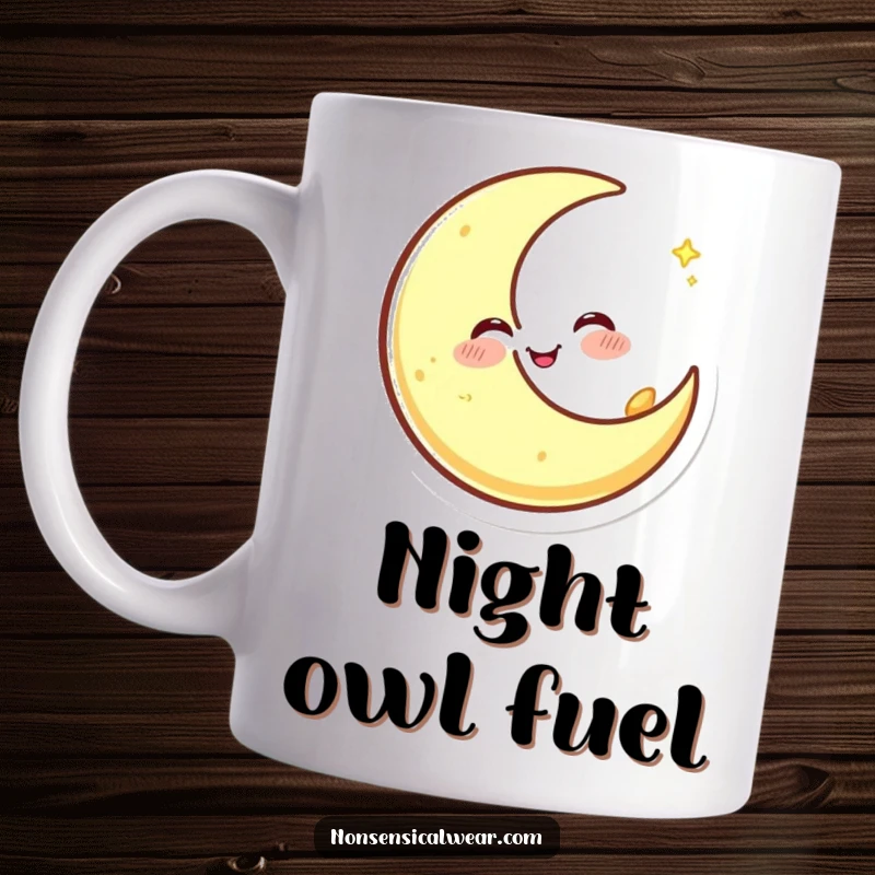 Funny mug showing a happy crescent moon character winking mischievously while spinning playfully in the night sky.
