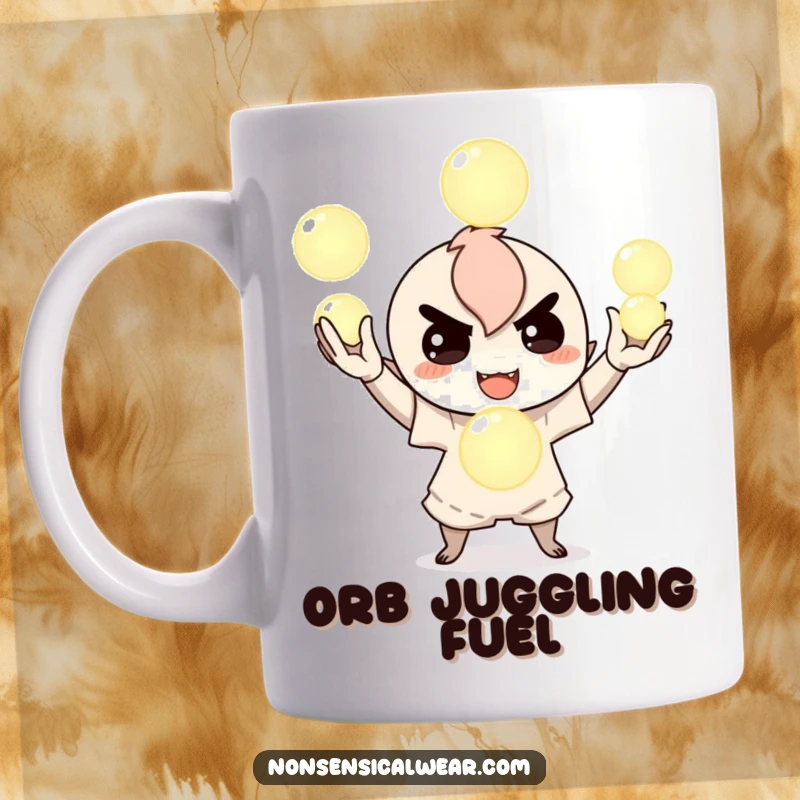 Funny mug showing a mischievous character skillfully juggling three bright, glowing orbs with a playful grin, embodying enchantment and fun, a great item.